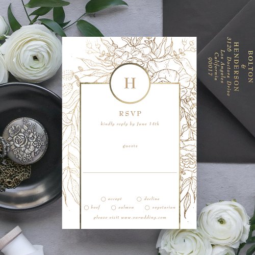 Premium Elegant Gold Monogram Wreath Wedding RSVP Card