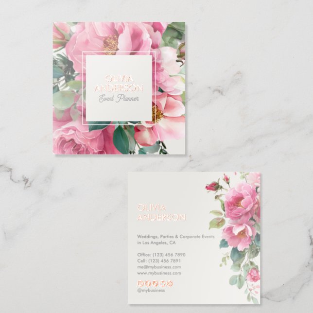 Premium Elegant Watercolor Flowers Real Rose Gold Foil Business Cards (Front & Back)
