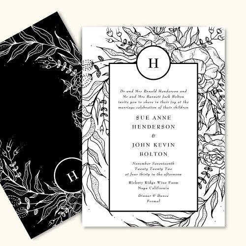 Premium Elegant White Monogram Black Wreath Invitation
