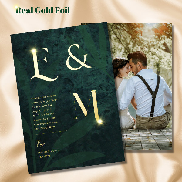 Premium Emerald Green Gold Monogram PHOTO Wedding  Foil Invitation