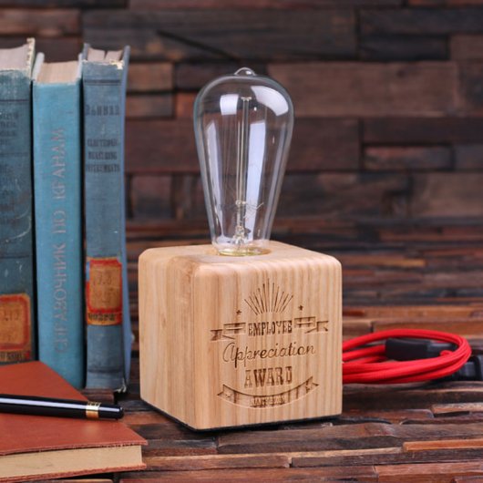 Premium Engraved Square Wooden Edison Lamp Award (Front Left)