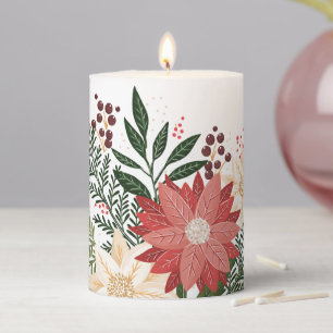 Premium Festive Poinsettia Christmas Holiday Pillar Candle
