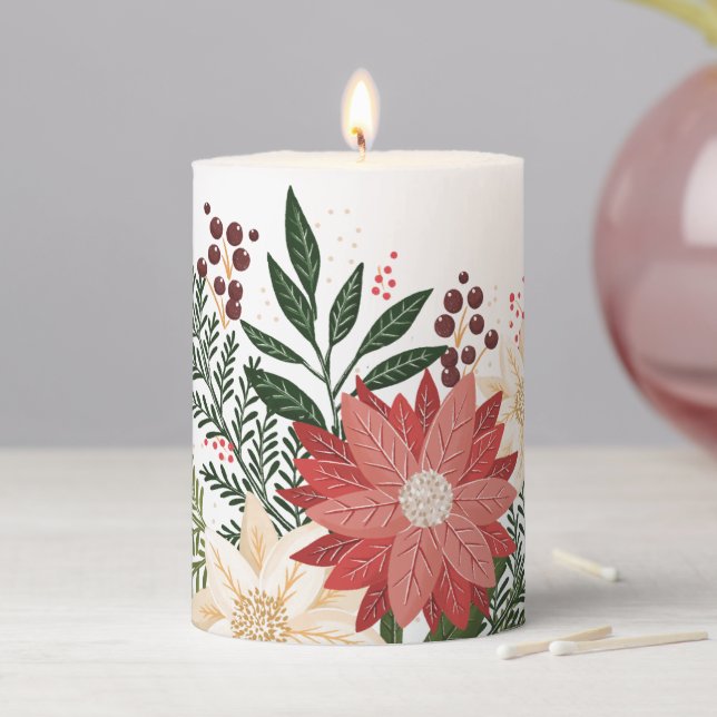 Premium Festive Poinsettia Christmas Holiday Pillar Candle (In Situ)