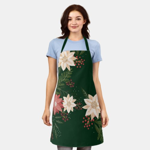 Premium Festive Poinsettia Custom Name Holiday Apron