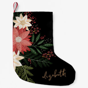 Premium Festive Poinsettia Custom Name Holiday Small Christmas Stocking