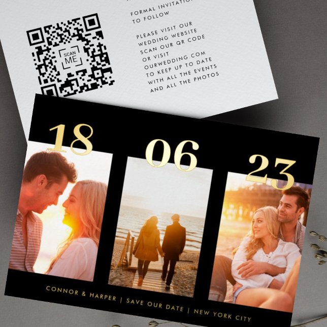 Premium GOLD Three Photo QR CODE Save The Date Foil Invitation (Creator Uploaded)