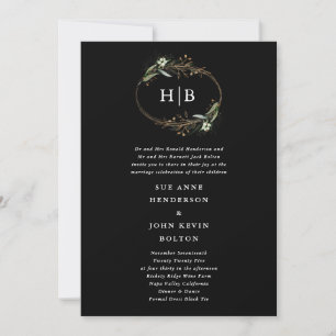 Premium Golden Black Eucalyptus Wreath Monogram Invitation