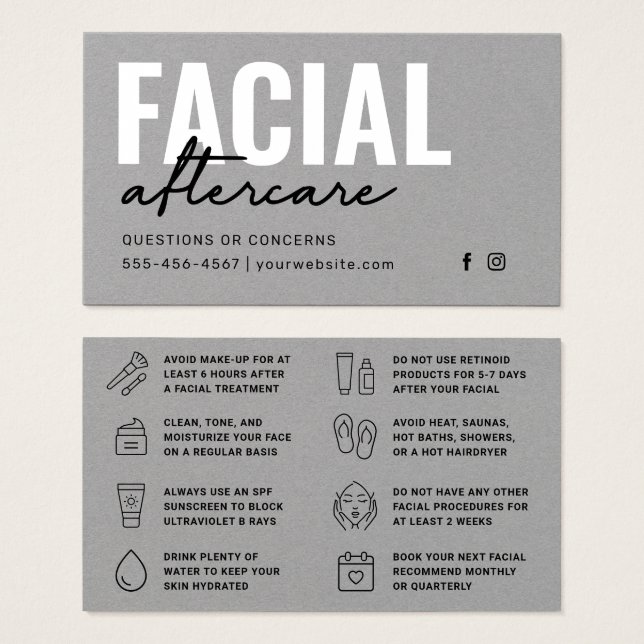 Premium Gray Facial Aftercare Instructions Card (Front & Back)
