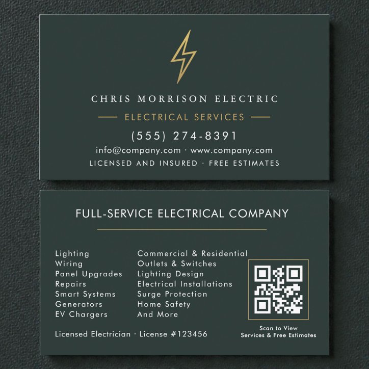 Premium Green Gold Electric Company QR Code Business Card