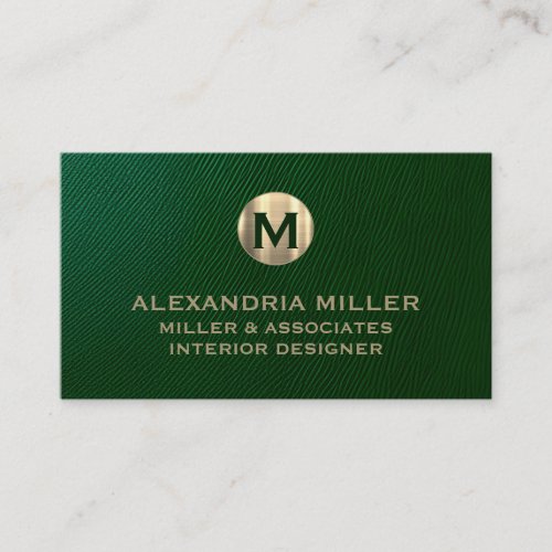 Premium Green Leather Gold Monogram  Business Card