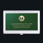 Premium Green Leather Gold Monogram Business Card Case<br><div class="desc">Show off your style and sophistication with this premium green leather look business card case featuring a luxurious gold monogram. Featuring a brushed gold monogram medallion with your name company and title in classic block typography, this case is a great way to keep your business cards organized and protected. The...</div>