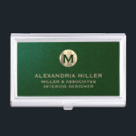Premium Green Leather Gold Monogram Business Card Case<br><div class="desc">Show off your style and sophistication with this premium green leather look business card case featuring a luxurious gold monogram. Featuring a brushed gold monogram medallion with your name company and title in classic block typography, this case is a great way to keep your business cards organized and protected. The...</div>