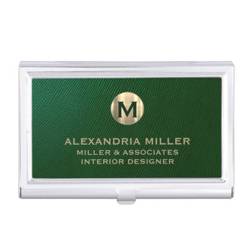 Premium Green Leather Gold Monogram Business Card Case