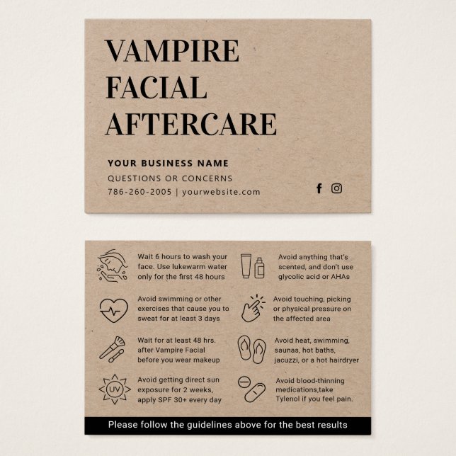 Premium Kraft  Microneedling Aftercare Advice Card (Front & Back)