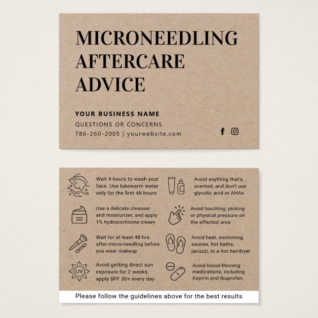 Premium Kraft  Microneedling Aftercare Advice Card (Front & Back)