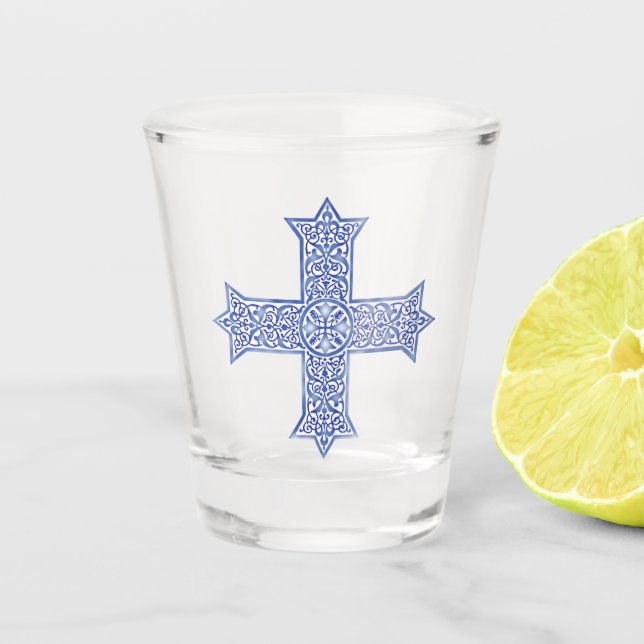 Premium Lapis Blue Coptic Cross Art Shot Glass (Front)