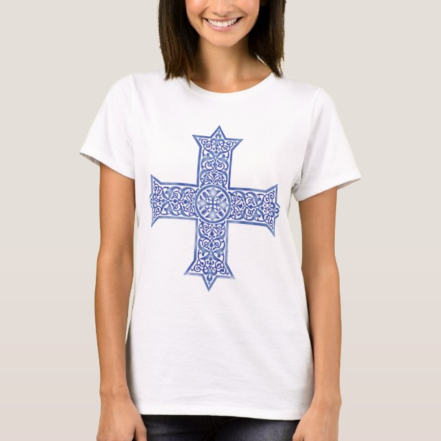 Premium Lapis Blue Coptic Cross Art T-Shirt (Front)