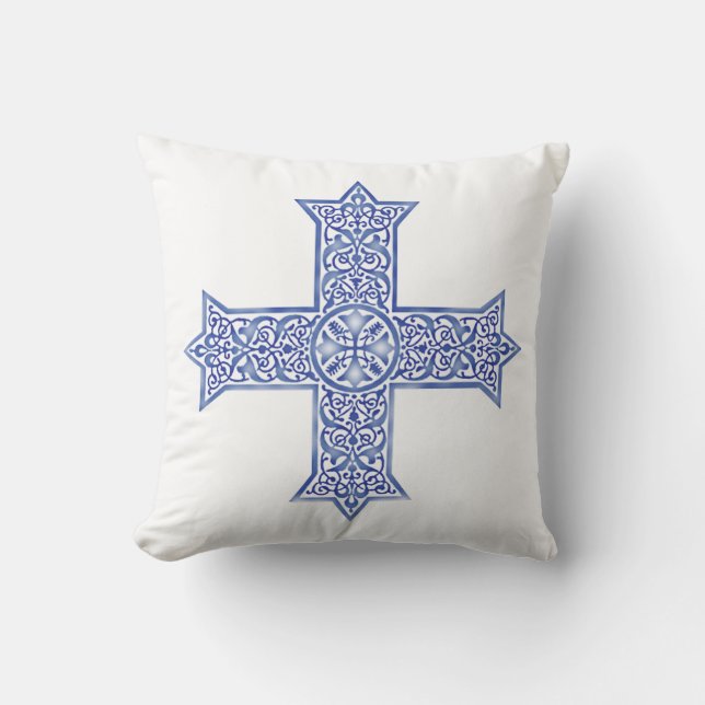 Premium Lapis Blue Coptic Cross Art Throw Pillow (Front)
