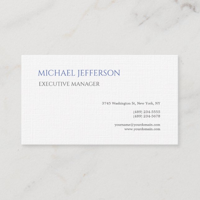 Premium Linen Modern Elegant Simple Blue White Business Card (Front)