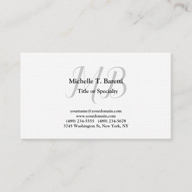 Premium Linen Modern Grey Monogram White Business Card (Front)