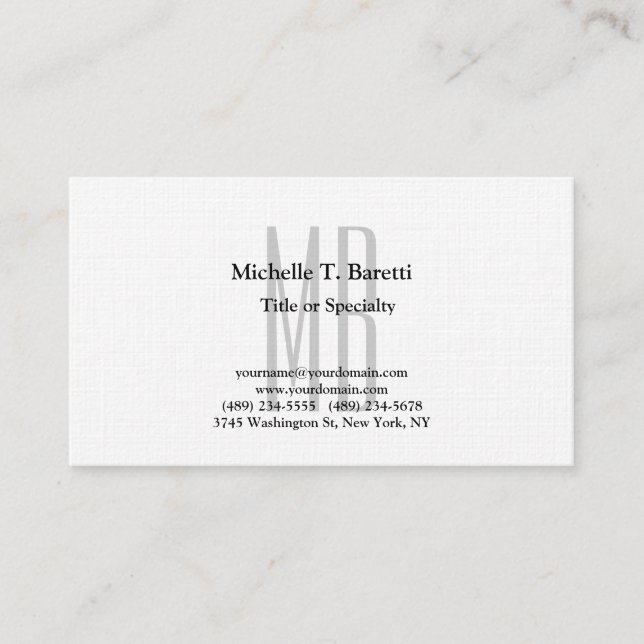 Premium Linen Modern Grey Monogram White Business Card (Front)