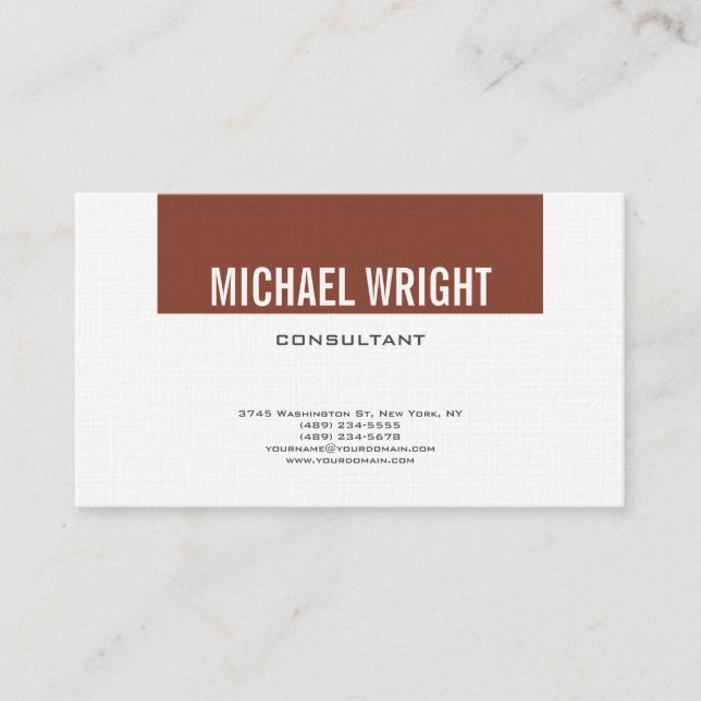 Premium Linen Modern Plain Brown White Business Card (Front)