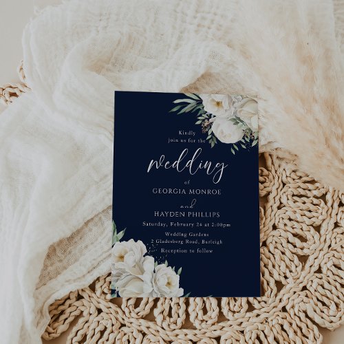 Premium Midnight Navy  White Floral Wedding  Invitation