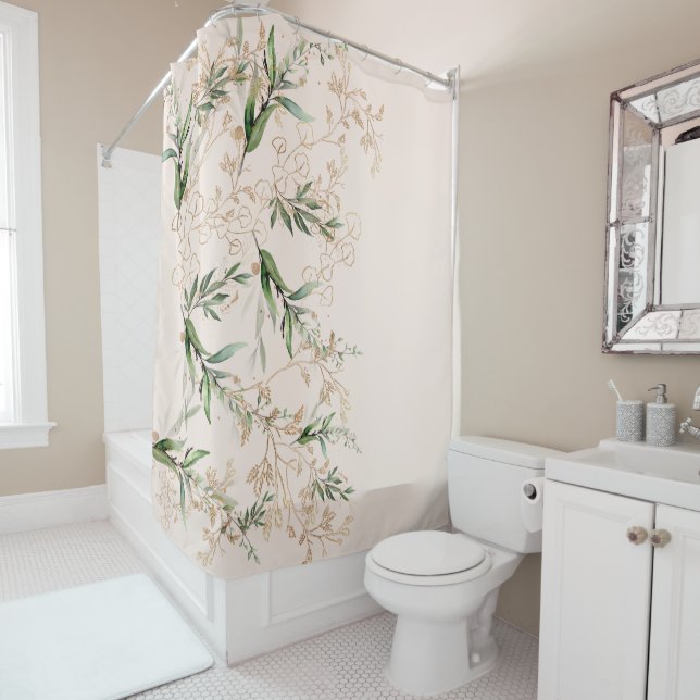 Premium Modern Boho Eucalyptus Light Blush Pink Shower Curtain (In Situ)