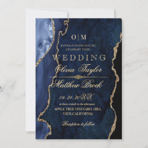 Premium Modern Moody Blue and Gold Wedding Invitation