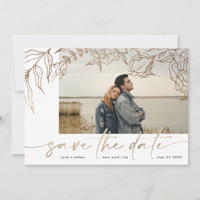 Premium | Modern White Forever Photo Gold Floral Save The Date (Front)