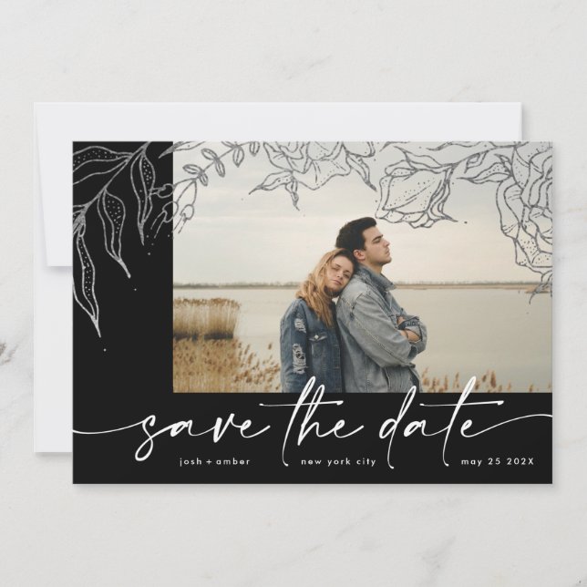 Premium | Modern White Forever Photo Silver Floral Save The Date (Front)