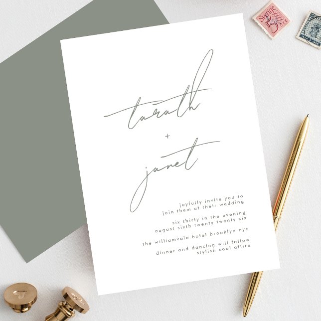Premium NAMES | Stylish Sage Green White Wedding Invitation (Creator Uploaded)