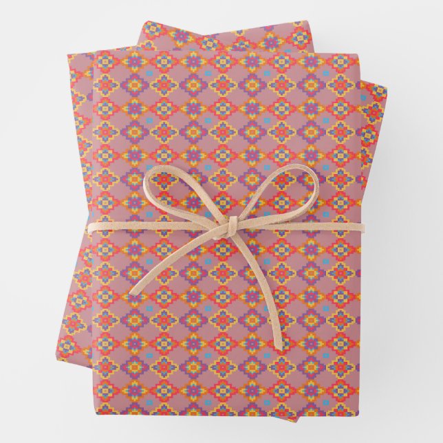 Premium Native American Geometric Floral Pattern Wrapping Paper Sheets (In situ)