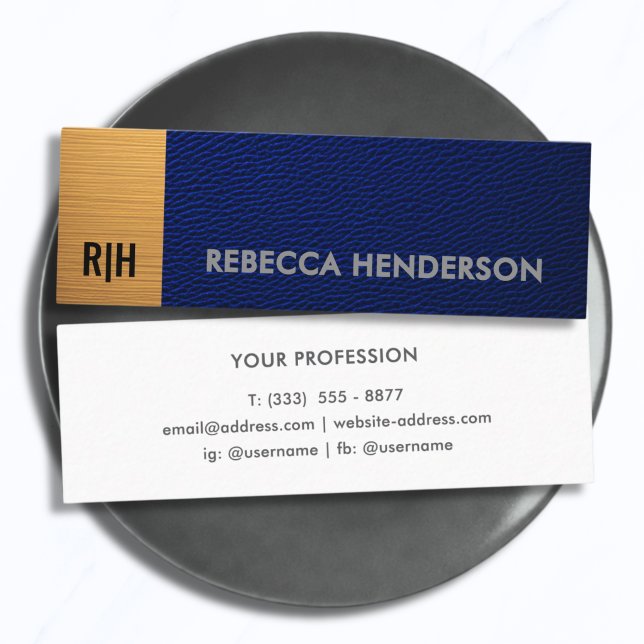 Premium Navy Blue Leather & Gold Panel Monogram Mini Business Card (Creator Uploaded)