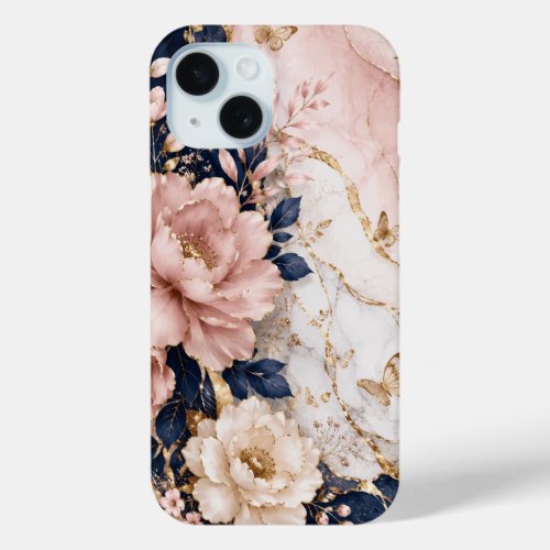 Premium Navy Blue & Pink Botanical Marble iPhone 15 Case