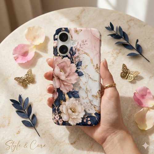 Premium Navy Blue & Pink Botanical Marble iPhone 17 Case