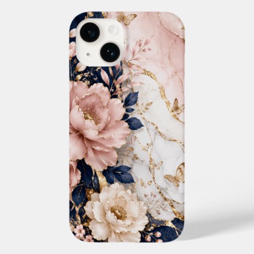 Premium Navy Blue & Pink Botanical Marble Case-Mate iPhone 14 Case