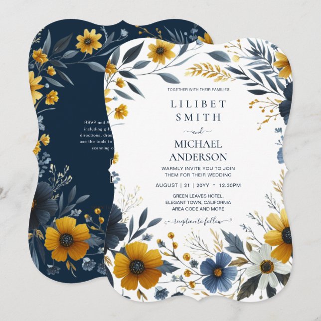 Premium Navy Blue Yellow Gold Floral Wedding Invitation (Front/Back)