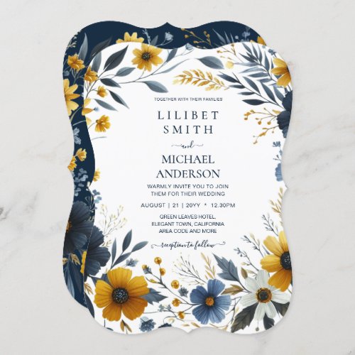 Premium Navy Blue Yellow Gold Floral Wedding Invitation