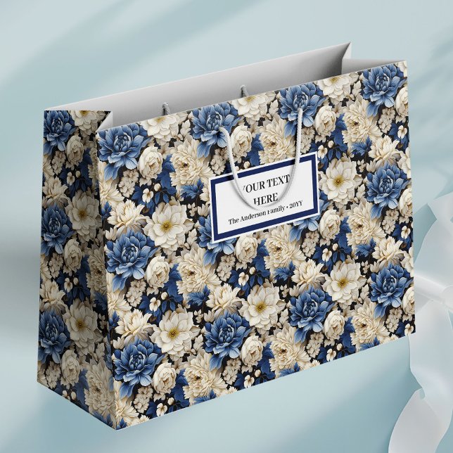 Premium Navy White Ivory Floral Luxury Gift Bag (Premium Navy White Ivory Floral Luxury Gift Bag)