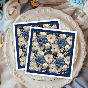 Premium Navy White Ivory Floral Luxury Napkins