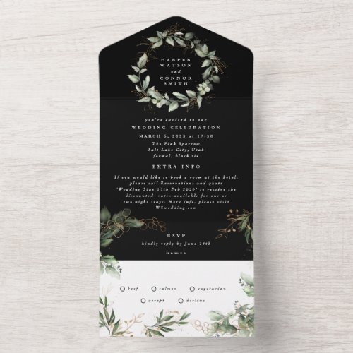 Premium Onyx Black Eucalyptus Wreath Wedding All In One Invitation