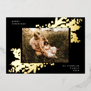 Premium Onyx Christmas Gold Botanical Photo Frame Foil Holiday Card