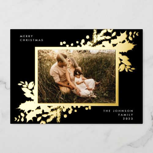 Premium Onyx Christmas Gold Botanical Photo Frame Foil Holiday Card
