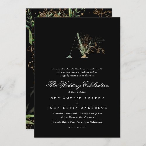 Premium Onyx Emerald Eucalyptus Monogram Wedding Invitation