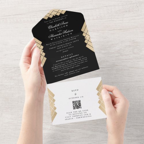 Premium Onyx Gold Gatsby QR CODE RSVP Wedding All In One Invitation