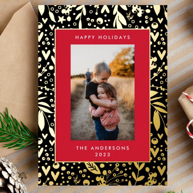 Premium Onyx Gold Leaf Pressed Floral Frame Photo Foil Holiday Card (Creator Uploaded)