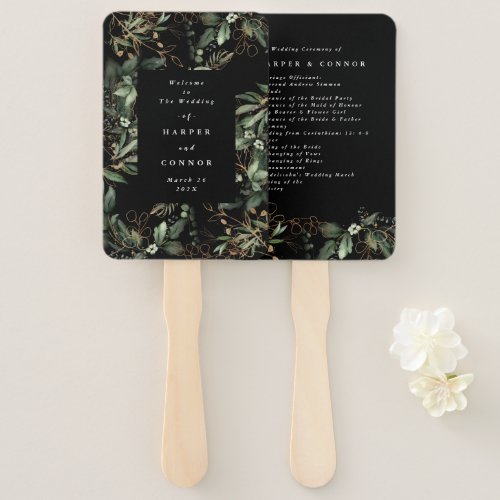 Premium Onyx Modern Eucalyptus Black Wedding Hand Fan