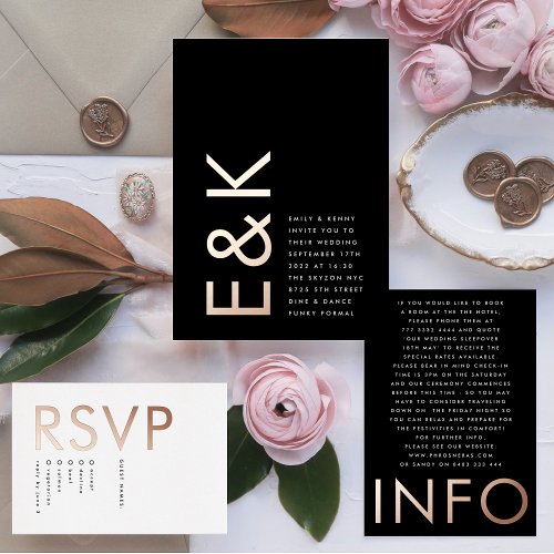 Premium Onyx Ultra Monogram Wedding REAL ROSE GOLD Foil Invitation