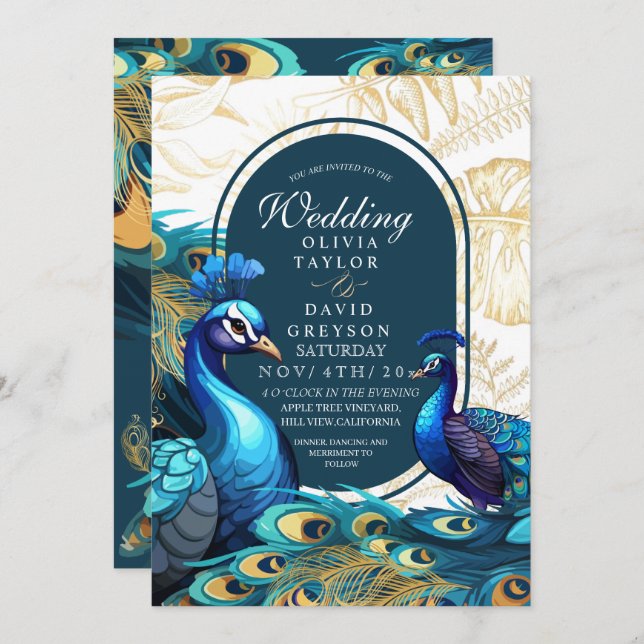 Premium Peacocks Feathers Wedding  Invitation (Front/Back)